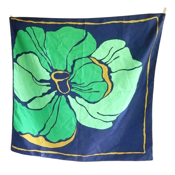 Large Square Floral Scarf Green Navy Blue Yellow Flower Vintage Accessory - Picture 1 of 3